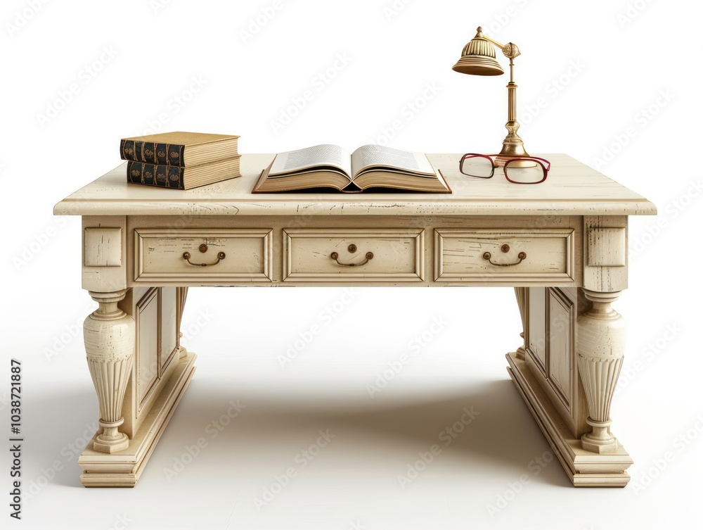 A reading desk with a closed book, glasses, and a desk lamp isolated on white A reading desk with a closed book, glasses, and a desk lamp isolated on white