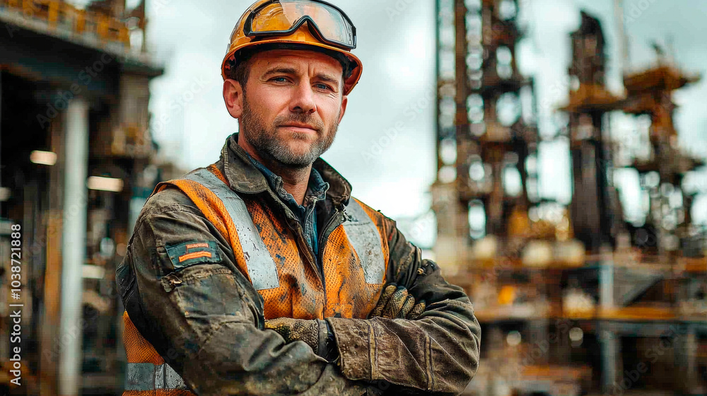 A worker dressed in safety equipment on an oil platform. Generative AI A worker dressed in safety equipment on an oil platform. Generative AI