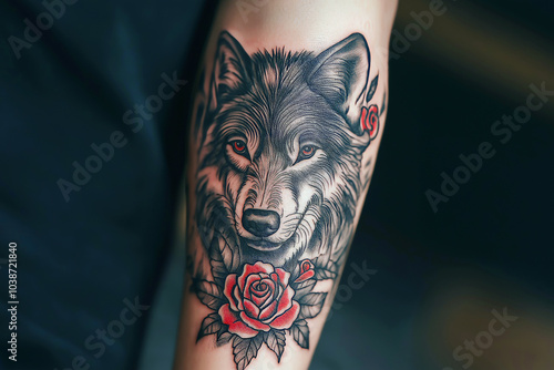 Neo-traditional tattoo of a wolf with roses, detailed fur and expressive eyes, black and gray ink with red accents, on the forearm. photo