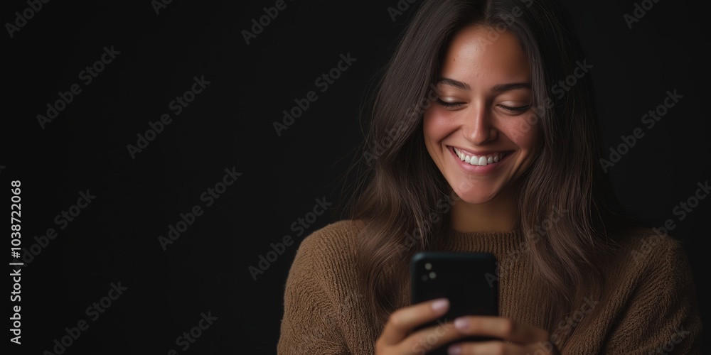 young smiling woman using mobile phone against black background young smiling woman using mobile phone against black background