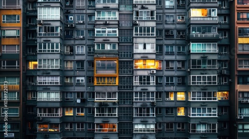 Colorful urban residential building at dusk showcasing varied window designs and warm interior lighting enhancing the evening atmosphere