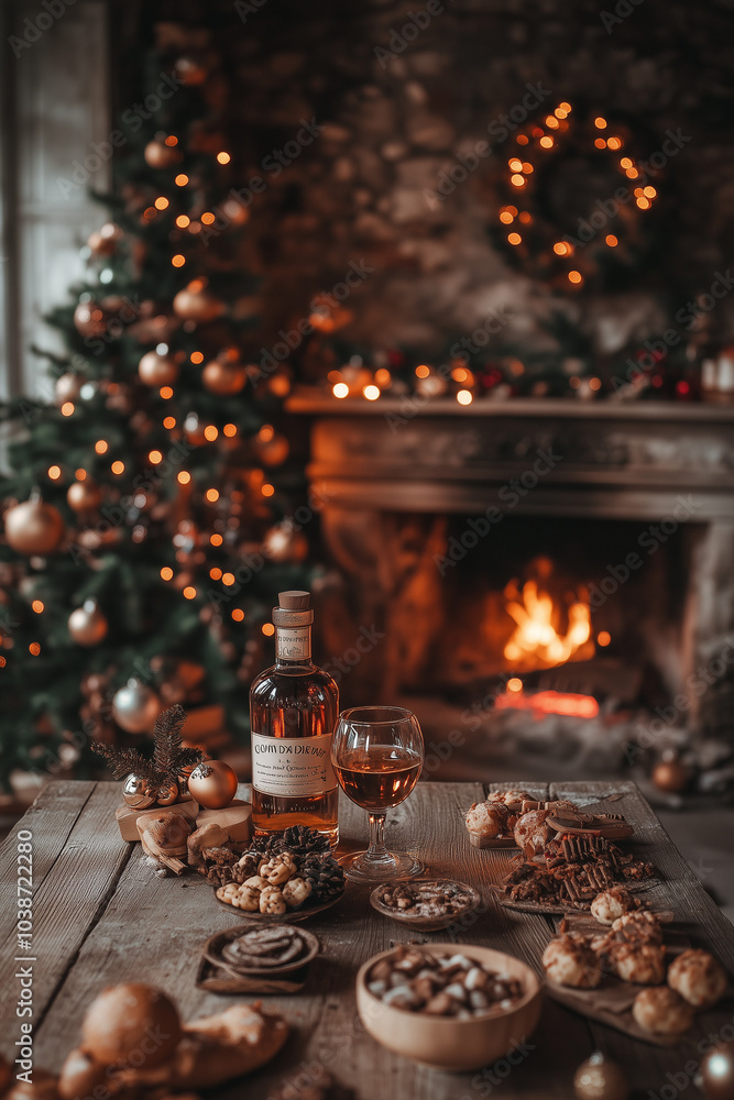 Cognac Bottle and Glass on Wooden Table by Christmas Tree Cognac Bottle and Glass on Wooden Table by Christmas Tree