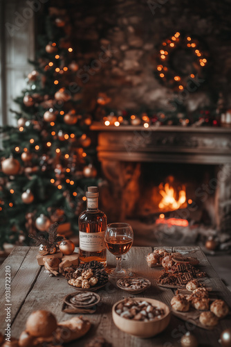 Cognac Bottle and Glass on Wooden Table by Christmas Tree