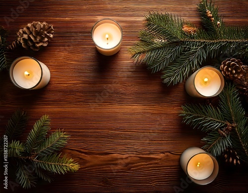 rustic table top candles fir pinecone christmas decor seasonal decorations on cozy tabletop overhead view