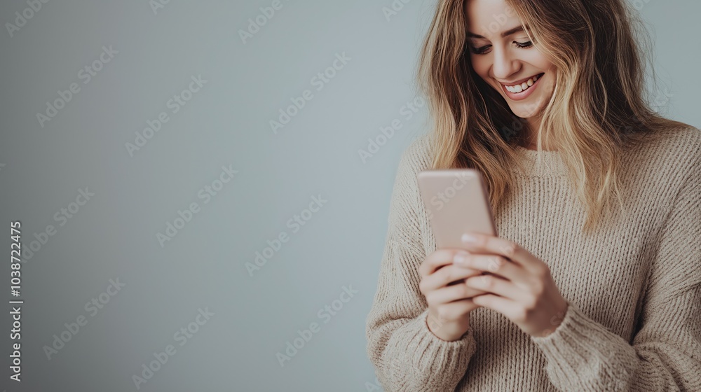 young smiling woman using mobile phone against gray background young smiling woman using mobile phone against gray background
