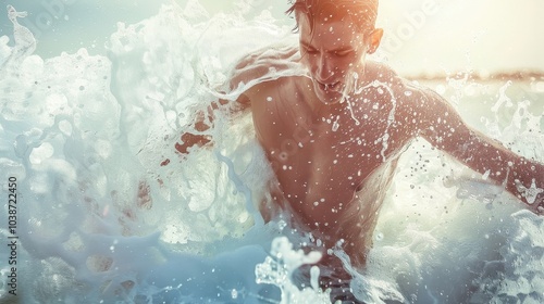 Young man splashing through ocean waves during sunset at the beach, capturing the essence of summer and adventure