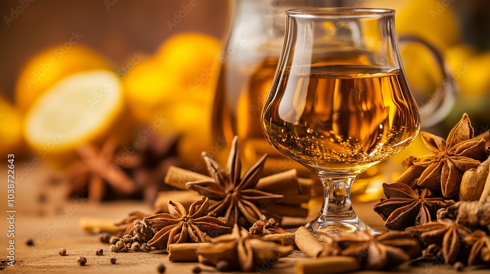 Fototapeta premium Golden Spiced Hippocras Wine with Cinnamon and Ginger