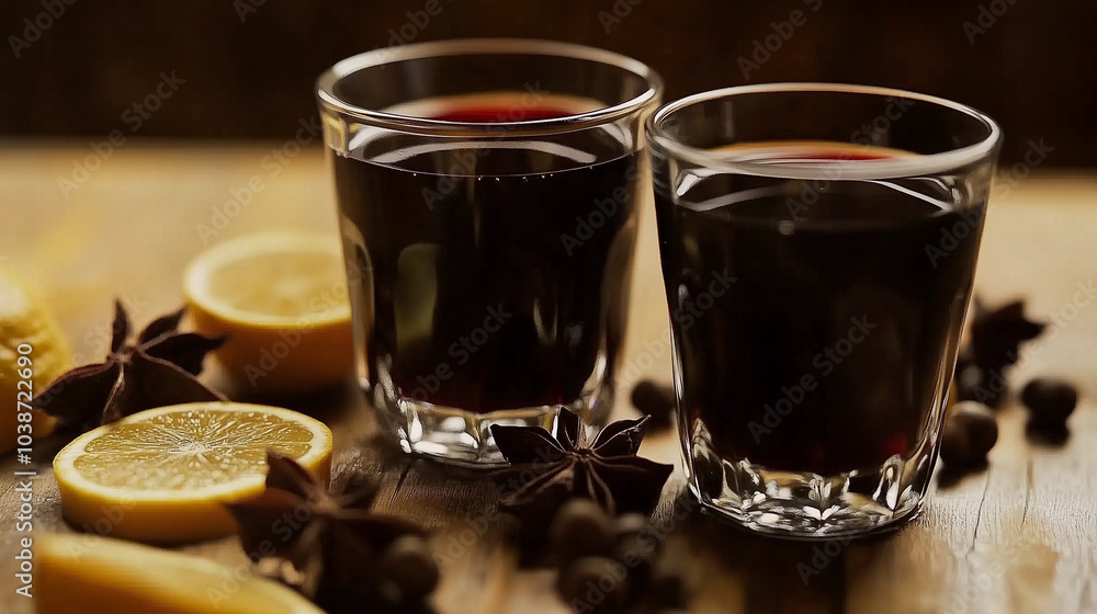Mulled Red Wine with Spices and Citrus by a Christmas Tree Mulled Red Wine with Spices and Citrus by a Christmas Tree