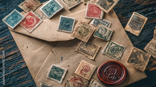 Vintage Postage Stamps on Rustic Background
