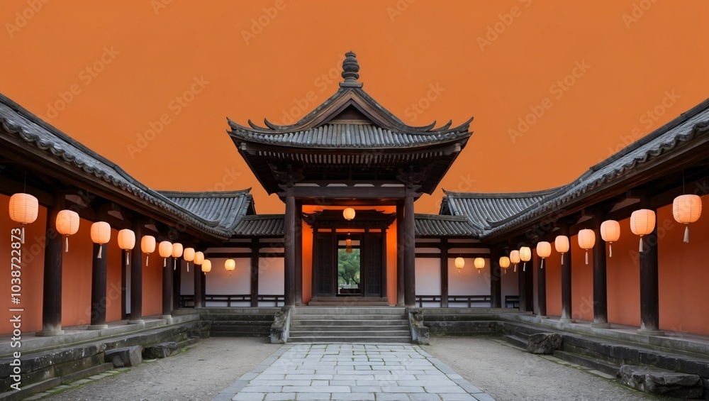 Fototapeta premium Tranquil Zen Temple with Lanterns and Warm Glow