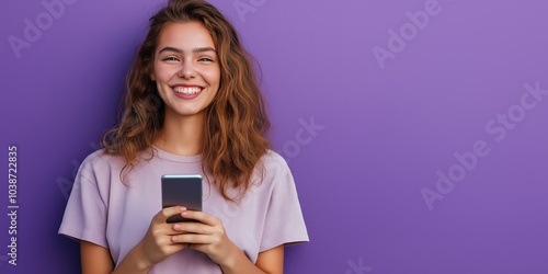 young smiling woman using mobile phone against purple background