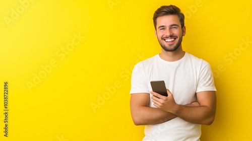 young smiling guy using mobile phone against yellow background
