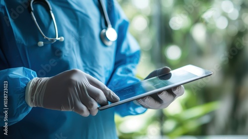 Doctor in Surgical Mask and Gloves Using Tablet Device