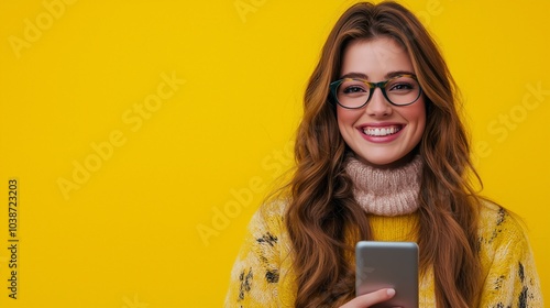 young smiling woman using mobile phone against yellow background