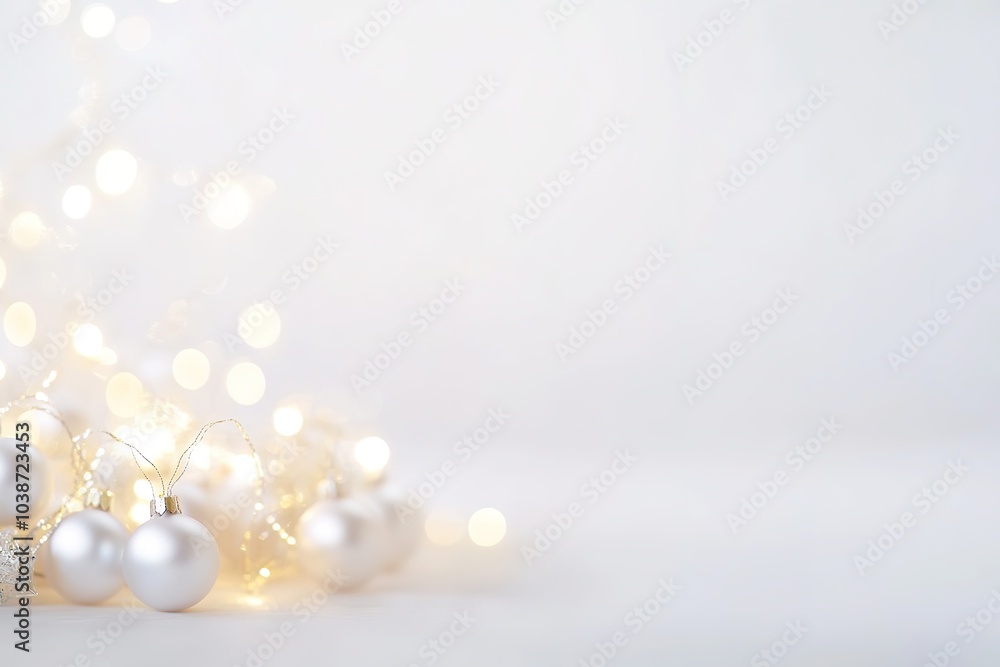 Soft glow of holiday lights with elegant white baubles Soft glow of holiday lights with elegant white baubles