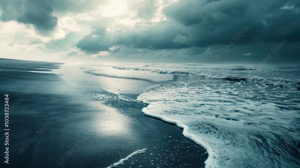 Stormy waves wash onto the dark sandy beach at dusk, creating an evocative atmosphere of tranquility and tension Stormy waves wash onto the dark sandy beach at dusk, creating an evocative atmosphere of tranquility and tension