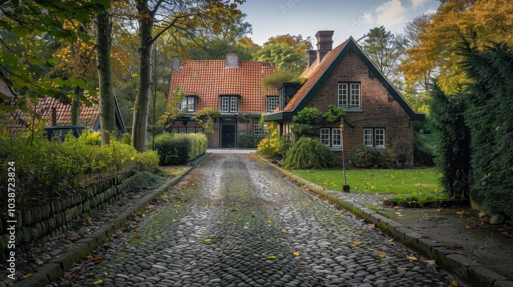 Fototapeta premium Charming cobblestone pathway leads to a cozy cottage surrounded by lush greenery and autumn foliage in a tranquil setting