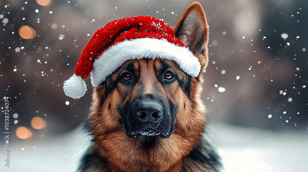 german shepherd dog wearing santa hat in snow german shepherd dog wearing santa hat in snow
