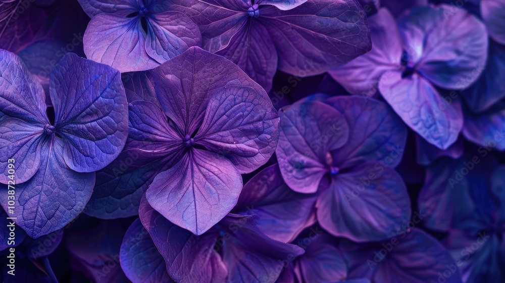 A close-up view of vibrant purple hydrangea flowers blooming in a natural setting during the sunny afternoon light A close-up view of vibrant purple hydrangea flowers blooming in a natural setting during the sunny afternoon light