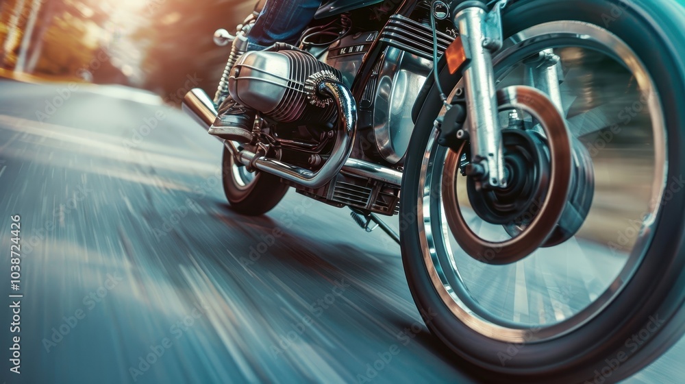 Fototapeta premium A rider accelerates on a sleek motorcycle along a winding road during a sunny afternoon, capturing the thrill of speed and freedom