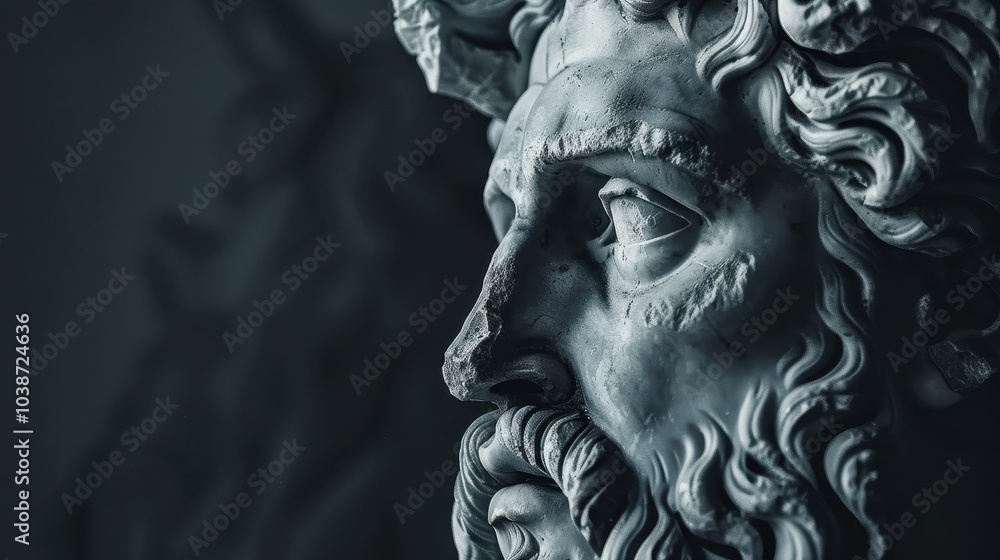 Detailed close-up of a classical statue with intricate features highlighting artistry and craftsmanship in a dimly lit environment Detailed close-up of a classical statue with intricate features highlighting artistry and craftsmanship in a dimly lit environment