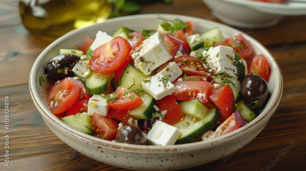 Fresh salad with feta cheese, cucumbers, and tomatoes, a healthy and delicious meal. Fresh salad with feta cheese, cucumbers, and tomatoes, a healthy and delicious meal.