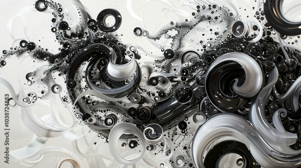 Dynamic black and white abstract artwork with fluid swirls and intricate textures, creating a sense of movement and contrast. Dynamic black and white abstract artwork with fluid swirls and intricate textures, creating a sense of movement and contrast.