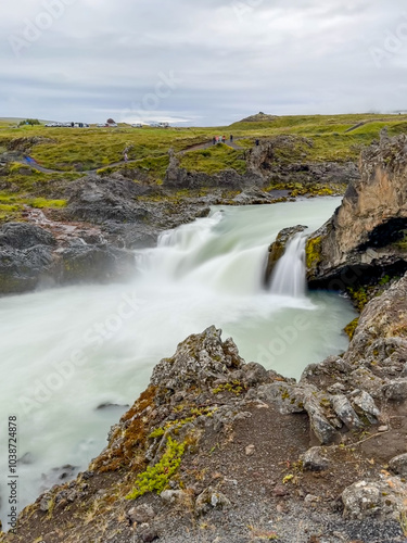 Akureyri, Iceland - August 9, 2024: Godafoss Falls in the region outside of Akureyri, Iceland
