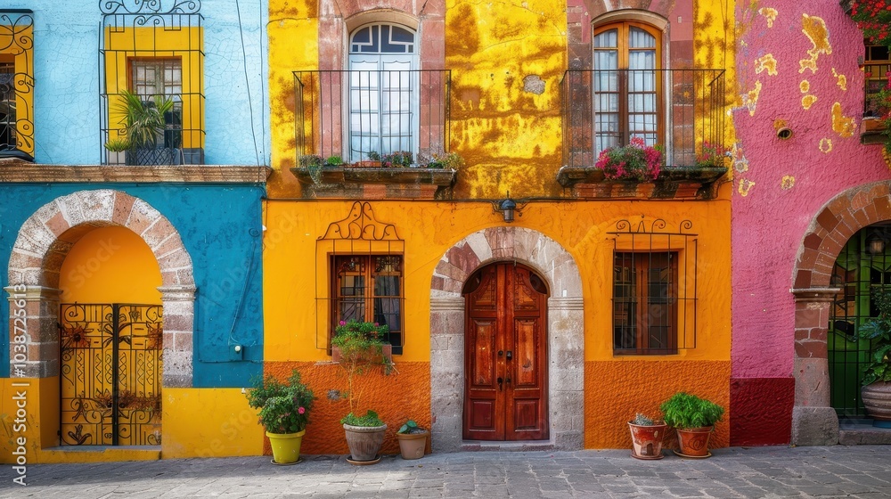 Fototapeta premium Vibrant colorful buildings in San Miguel de Allende showcasing traditional Mexican architecture and lush potted plants in vibrant hues