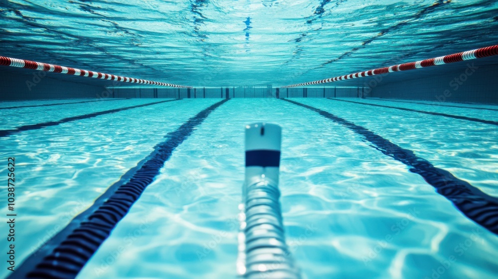 Obraz premium A swimming pool lane marker underwater, indoor setting with clear blue water, Contemporary style