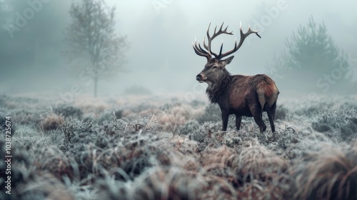 Majestic stag standing in a misty frosty field at dawn, surrounded by soft grass and sparse trees in a serene landscape