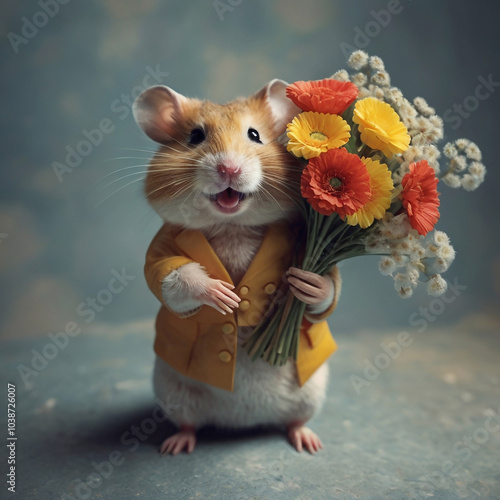 hamster holding a bouquet of flowers in its paws, vintage collage with texture, minimalist aesthetics (1)