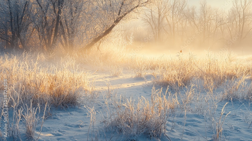 Fototapeta premium Frosty Morning Sunlight Over Meadow Landscape