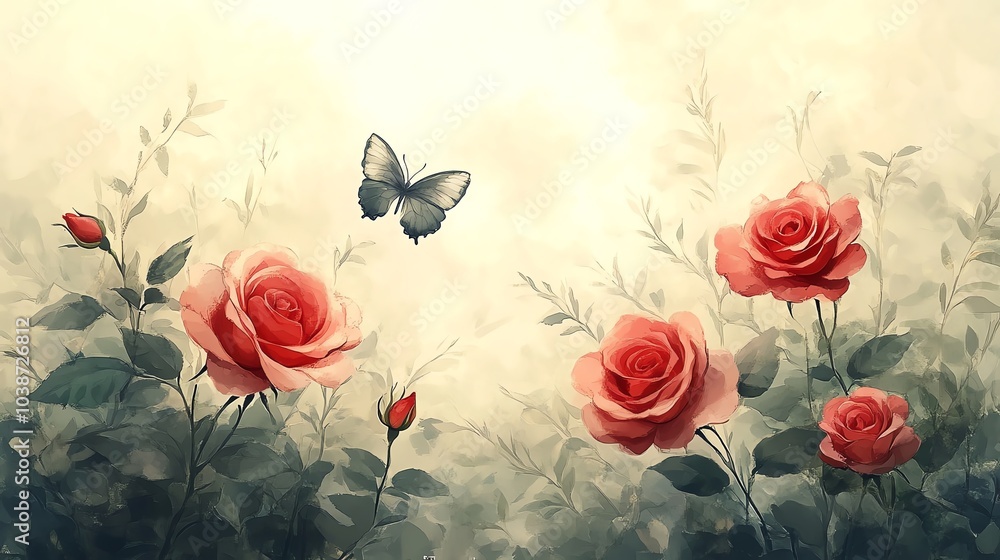 Obraz premium Vintageinspired floral art with roses and butterflies