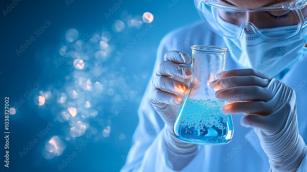 Scientist in Laboratory Looking at Beaker, Science and Chemistry Banner, Medical Research, Pharmaceutical Biotechnology Healthcare Scientist in Laboratory Looking at Beaker, Science and Chemistry Banner, Medical Research, Pharmaceutical Biotechnology Healthcare