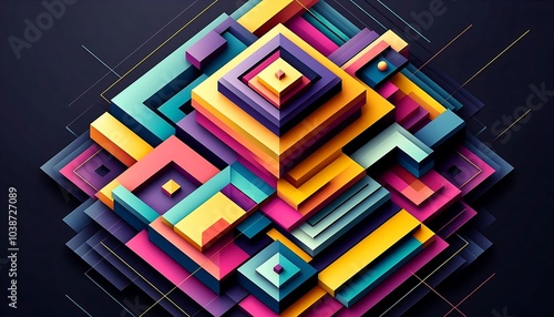 Geometric shapes layered in vibrant, contrasting colors on a dark background,generative ai 