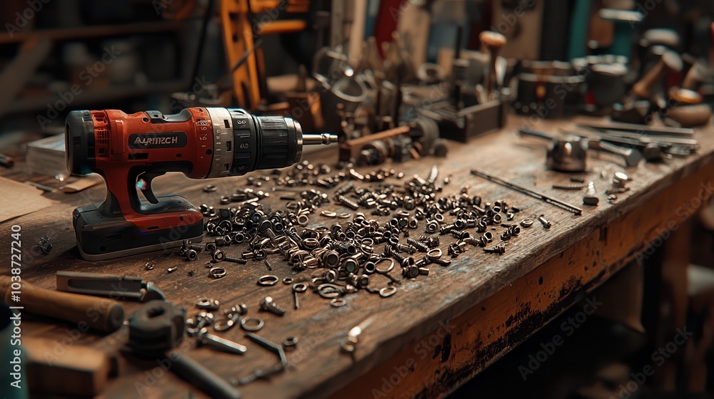 Power Drill Resting on a Wooden Workbench Power Drill Resting on a Wooden Workbench