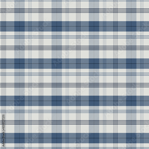 Plaid with twill weave repeat pattern.Checkered tartan gingham seamless pattern with stripes in blue and white.Geometric graphic vector illustration background design for fabric and prints.