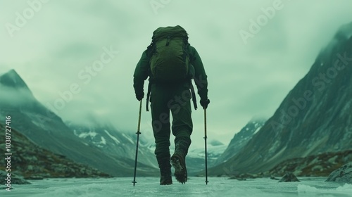 Hiking Through Frozen Mountain Valley Landscape photo