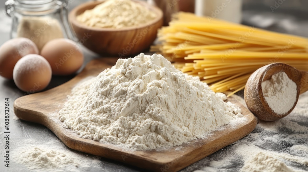 Ingredients for making pasta, including flour, eggs, and spaghetti. Ingredients for making pasta, including flour, eggs, and spaghetti.