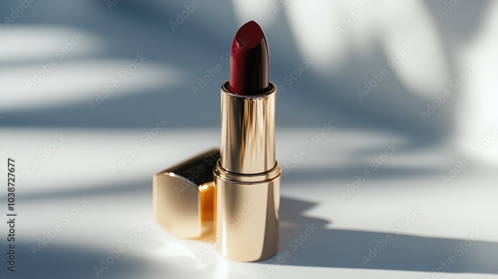 A luxurious lipstick in a gold tube, showcasing a deep red shade on a light surface. A luxurious lipstick in a gold tube, showcasing a deep red shade on a light surface.