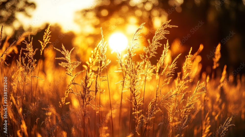 Golden Sunrise Over Tall Grass in Soft Light Golden Sunrise Over Tall Grass in Soft Light