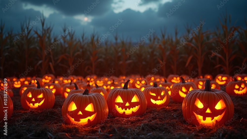 Spooky pumpkin patch at dusk with glowing jack o lanterns and ominous sky Spooky pumpkin patch at dusk with glowing jack o lanterns and ominous sky