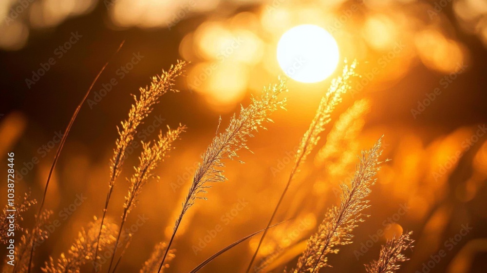 Golden Sunrise Over Lush Grassland with Soft Light Golden Sunrise Over Lush Grassland with Soft Light