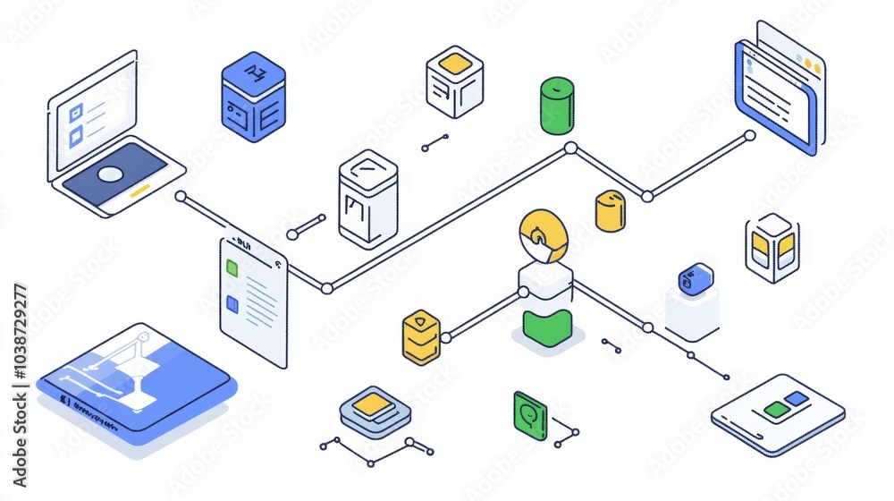 Isometric Illustration of a Connected Network of Devices and Servers Isometric Illustration of a Connected Network of Devices and Servers