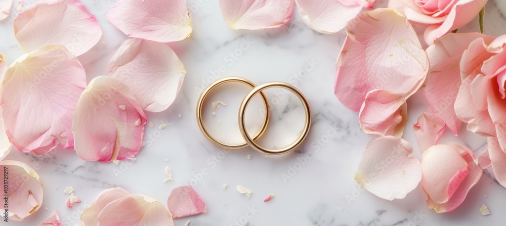 Elegant Valentine's Day Card Design with Gold Rings and Rose Petals on Marble Background Elegant Valentine's Day Card Design with Gold Rings and Rose Petals on Marble Background