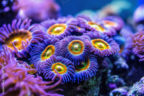 Close-up of bright coral polyps opening up with fish gently swimming nearby.