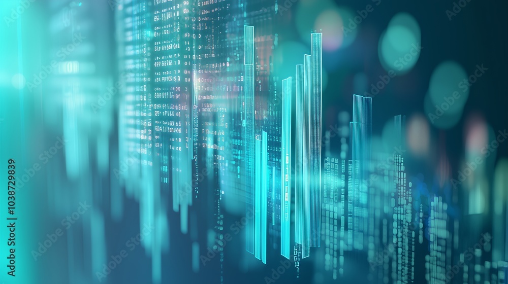 A frosted glass 3D graph symbolizes financial growth with light reflections and digital elements.