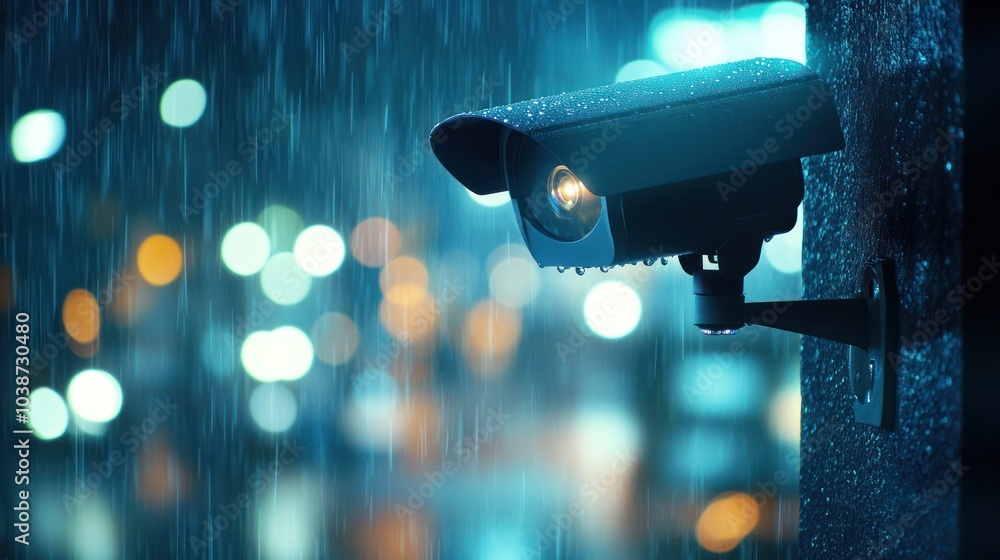 A surveillance camera mounted on a wall, capturing a rainy night with blurred city lights.