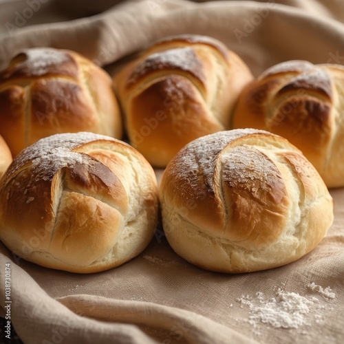 Freshly baked bread rolls dusted with flour on a linen cloth in a rustic kitchen